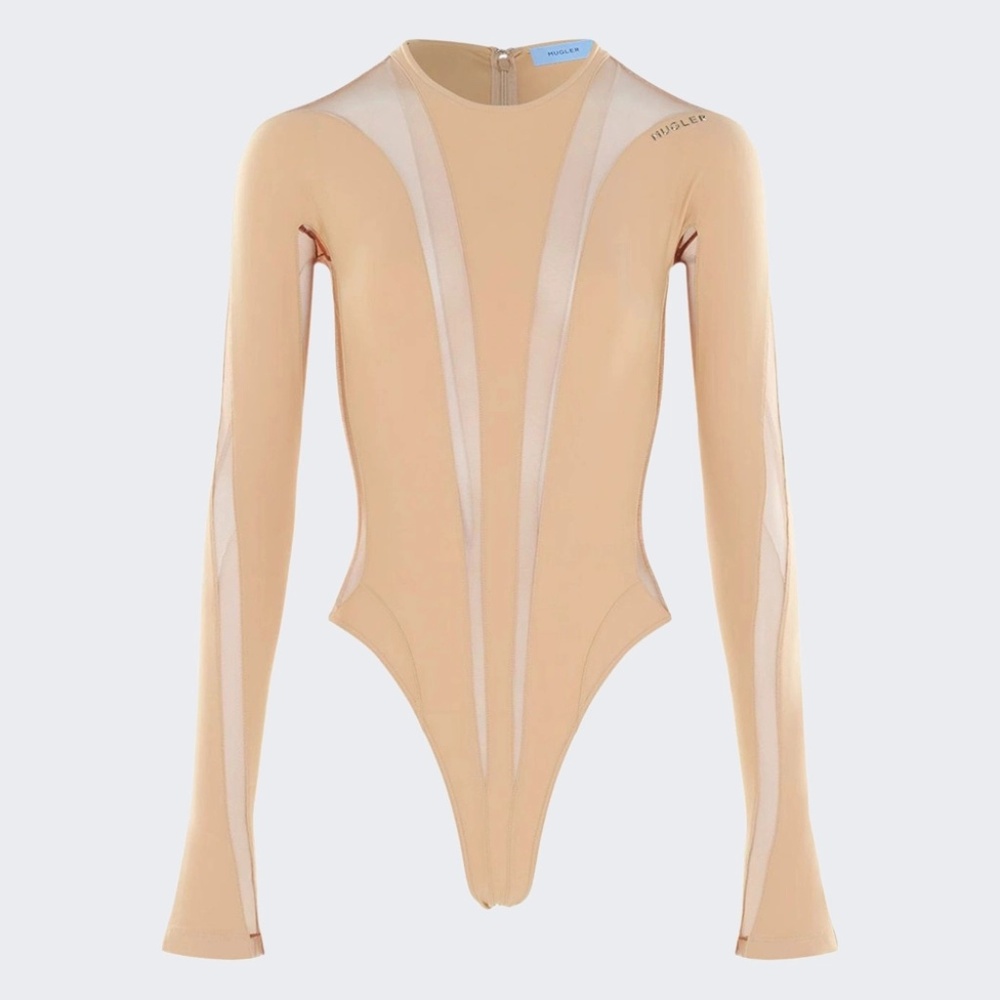 size 44 XXL Mugler Long-Sleeve Sheer Panel Bodysuit Beige Nude 01
